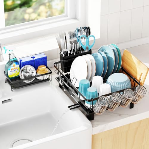 GSlife Dish Drying Rack for Kitchen Counter- Dish Rack with Drainboard Set Swivel Spout Sturdy Dish Drainer with Drip Tray, Black