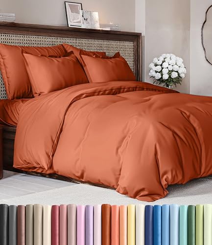 Image of Duvet Cover Full Size Set - Extra Soft Full Duvet Cover 80 inch x 90 inch with 2 Pillow Shams for Women, Men, Kids & Teens - Hotel Luxury, Easy-Care w / Zipper Closures & Ties - Comfy & Breathable (Terracotta)