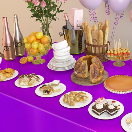 Image of 4 Pack Plastic Tablecloths Disposable Tablet Cover Purple 54 x 108 In | Foil Glitter Table Cloth for Rectangle Tables Indoor / Outdoor Party Decorations Birthday Princess Bridal Wedding Christmas