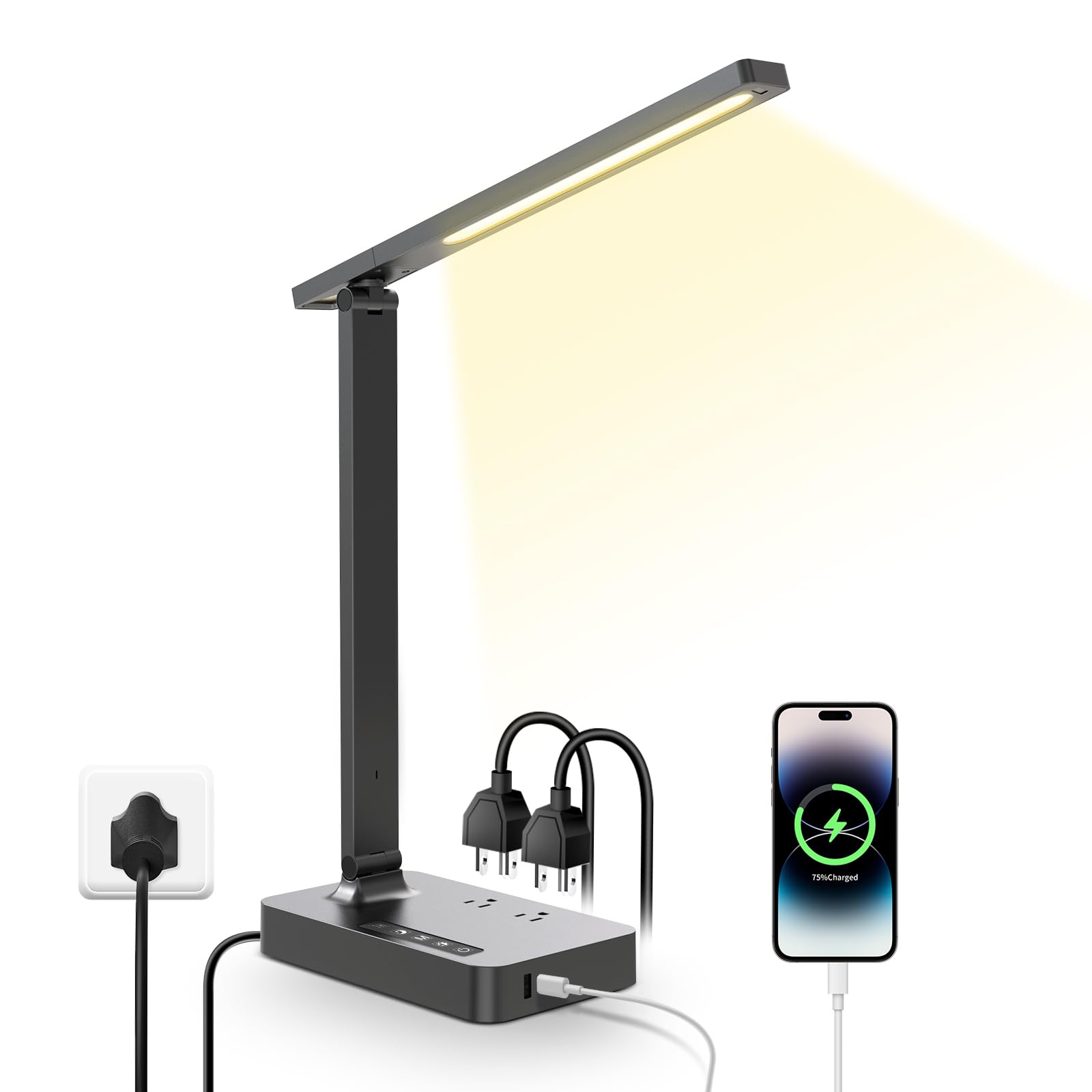 LAOPAO USB Charging Port Desk Lamp: Surge Protection Outlet Ruler - 1 Type C Port, 1 Usb-A Charging Port, 2 AC Outlets, Home Essential Desk Lamps-image-29