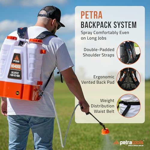 PetraTools Battery Powered Backpack Sprayer 4 Gallon - 6 Hours Long Battery Life & Padded Straps for Comfort - HD4000 Electric Backpack Garden Sprayer with 6 Spray Nozzles & 90PSI Adjustable Pressure