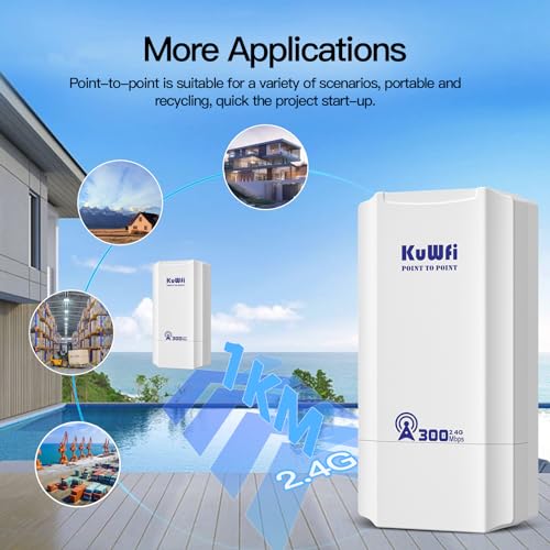 Image of KuWFi 300Mbps Outdoor Wireless Bridge Kit - 1KM Long Range Point to Point System for CCTV, Starlink Signal Extension & Network Backbone, with 100Mbps Port, 2.4Ghz CPE