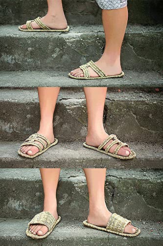 Plant Sandals, Hand-Woven Ramie Slippers, Natural Plant Fiber Material, Traditional Natural Rattan Grass Woven Sandals (Three-strip Shape, US Men 9.5)3