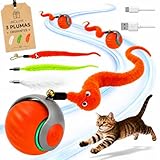 Juguetes para Gatos Interactivos – Pelota Interactiva para Gatos Recargable USB-C con Cola de Plumas, Juguete Automático con 2 Velocidades y Modo Inteligente - Estimula su instinto de caza (NARANJA)