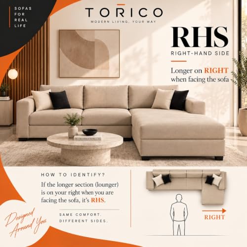 Image of Luxvivo 6 Seater Fabric RHS L Shape Sofa Set with 2 Puffy Table| Soft Velvet Upholstery, Sturdy Wooden Frame | Stylish Sofa for Living Room, Hall & Office Spaces (Dark Brown)