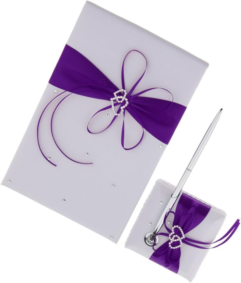 Chic Guest Book Set with Diamante Pen and Holder - Perfect for Wedding Ceremony Party - Great Keepsake Gift for Guests - Purple