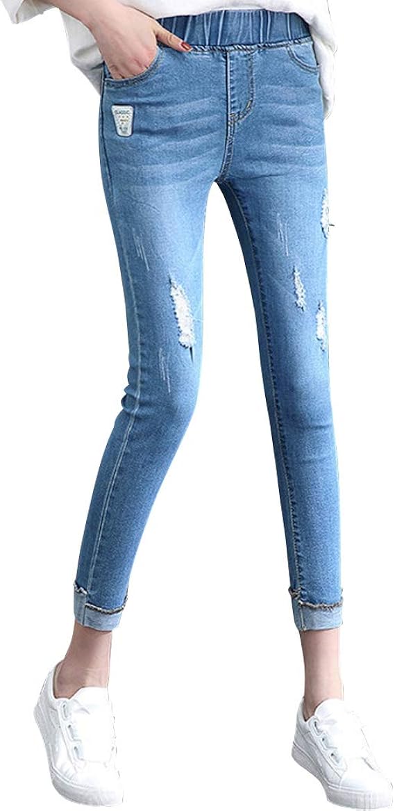 Amazon Teddy スキニーデニム パンツ レディース ダメージジーンズ 10分丈 ストレッチ ウエストゴム Pants321 ライトブルー M 27サイズ ジーンズ 通販