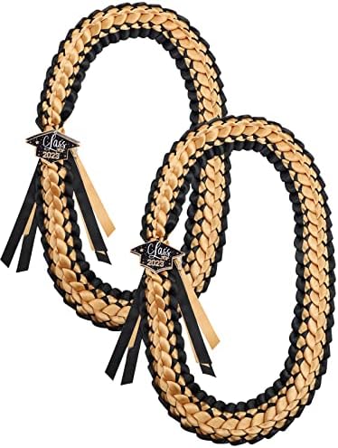 TFTAFAN Graduation Lei Class of 2023 Graduation Ribbon Leis Graduation Necklace Braided Necklaces Graduation Leis gift Party Accessories for Women and Men (black and gold, 2)