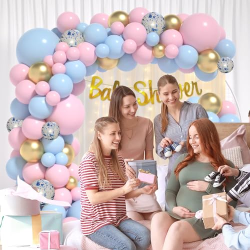 Image of Rozi Decoration Baby Shower Net Curtain with Fairy Lights Backdrop for Baby Shower Decoration Items Set of 85 Pcs Baby Shower Pastel Balloons Decoration Kit