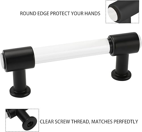 Miniatura 4 de Peaha Paquete de 25 tiradores acrílicos para cajones de 3 pulgadas, manijas de gabinete negras, tiradores de cajón transparentes, herrajes negros