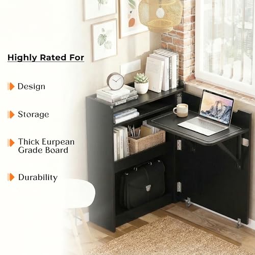 Image of Klaxon Foldable Study Table with Drawer & Storage Shelf | Compact Desk for Home & Students | Folding Design with Lockable Wheels. (Black, DIY Installation) (Black, Heli)