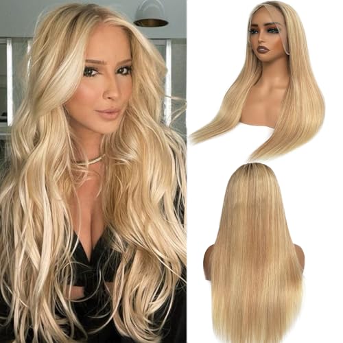 Image of Ombre Golden Blonde Highlights Lace Front Wig Human Hair for White Women 28 Inch Pre Plucked 13x6 HD Transparent Lace Frontal Human Hair Wig with Brown Roots Straight 180% Density Glueless Wigs