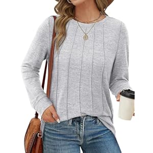 Saloogoe Womens Fall Fashion 2024 Long Sleeve Shirts Casual Dressy Basic Tee Tops Light Grey