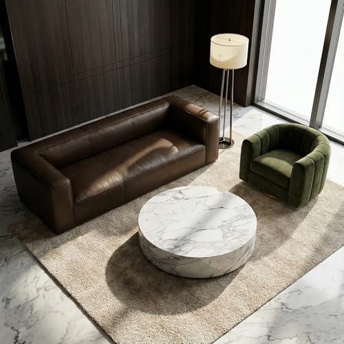Image of 2026 New Luxury Curved Leather Sofa and Swivel Chair Set, 92.5 inch, Velvet | 2026 New Luxury Curved Leather Sofa and Swivel Chair Set, Tan Leather Sofa with Green Velvet Swivel Barrel Chair