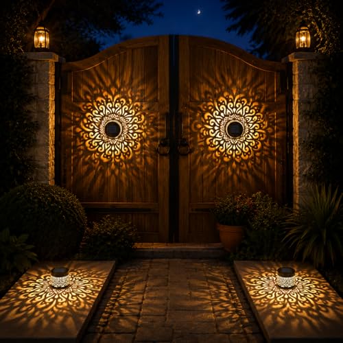 vulkarb 4 Pack Solar Fence Lights Mandala Pattern Solar Powered Deck Lights Waterproof Metal Wall Lights for Garden Patio Backyard Fence and Outdoor Decor