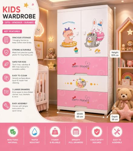 Image of HIWARE Premium Modular Wardrobe for Bedroom, Kids Room and Home | Spacious Clothes Storage Cabinet with Drawers and Shelves | Modern Stylish Design, Heavy Duty, Multiuse Organizer- SJ6514-SWEET Heart