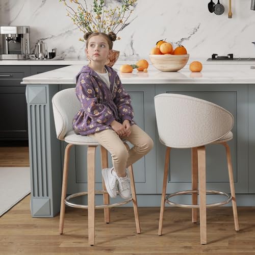 LukeAlon Butacos de Bar de 26 pulgadas, Set de 2 unidades, Color Blanco | Tapizados en Sherpa, Altura para Isla de Cocina, Soporte Lumbar y Patas de Madera, Estilo Mid-Century Moderno miniatura 4