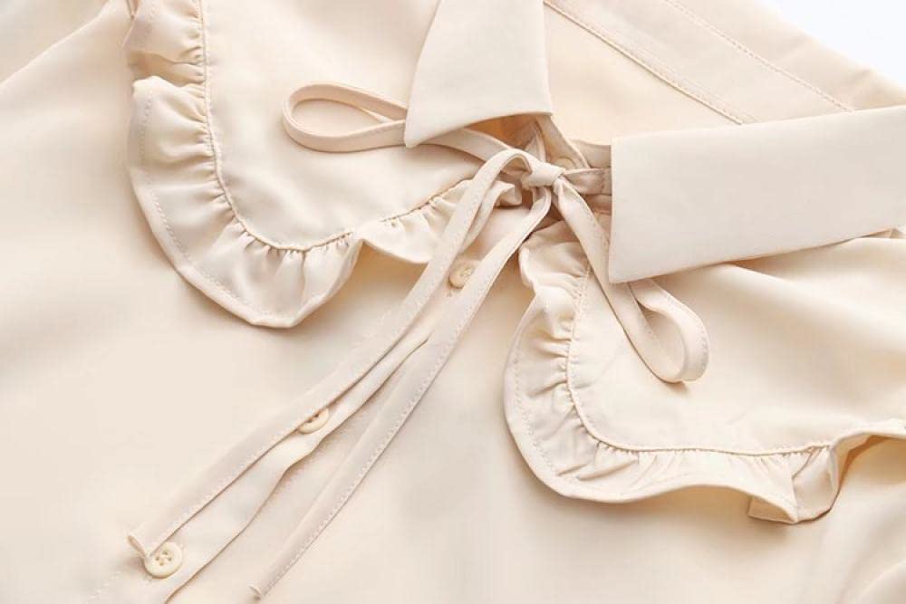 Chemisier Femme,Femmes Beige Court en Mousseline De Soie Revers À Volants Bouton De Cravate Doux Mignon À Manches Longues Printemps Été Chemisiers Élégant Tunique Décontracté Élégant Hauts