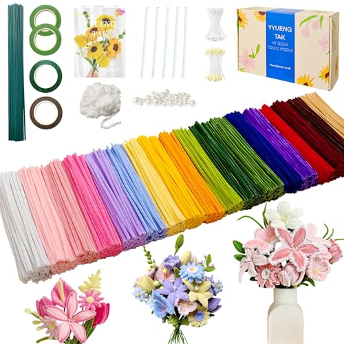 YYUENG TAK 1000 Fils Chenille Kit Complet Fleurs - Cure-Pipes en Coffret avec Accessoires | 18 Couleurs pour Loisirs Creatifs (Pipe Cleaners Flower kit) Matériel de bricolage et d'art (30cm x 6mm)