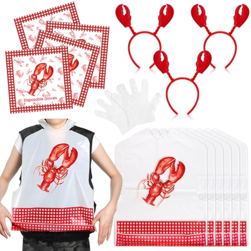 Chicingyou 33 Pcs Seafood Boil Party Supplies Disposable Plastic Lobster Bibs Crawfish Gloves and Red Crayfish Lobster Claws Headband Crawfish Boil Accessories Feasts Supplies