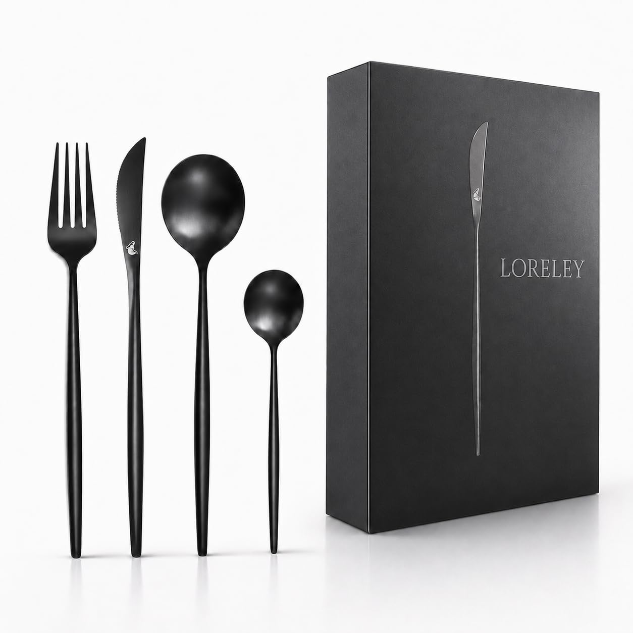 LORELEY® MITTELRHEIN Germany Premium – Set de couverts modernes noir mat – Acier inoxydable de qualité supérieure – Pour 6 personnes 24 pièces – Passe au lave-vaisselle avec emballage élégant