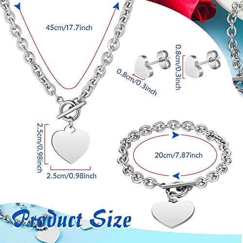 Bucherry 3 Pcs Heart Jewelry Set Heart Pendant Chain Toggle Necklace with Bracelet Earrings Stainless Steel Link Chain for Women Christmas Valentine Gift3