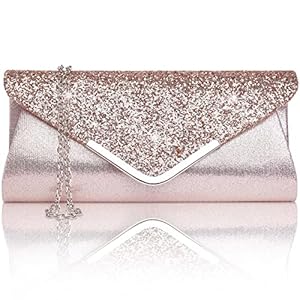 Larcenciel Damen Clutch Abendtasche Unterarmtasche Umhängetasche mit Strass-Steinen und Abnehmbarer Kette in den Farben Silber Gold Altrosa (rose)