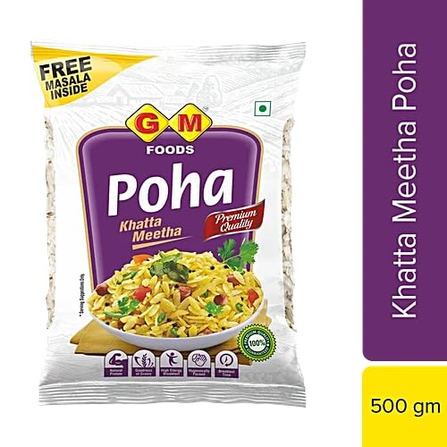 GM Foods Poha Khatta Meetha, 500g Pack of 3 (With Masala Inside) | Source of Fibre & Protein | White Thick Poha Healthy Food | Flattened with Rice/Atukulu | No MSG, Artificial Colors & Preservatives - Image 6 thumbnail