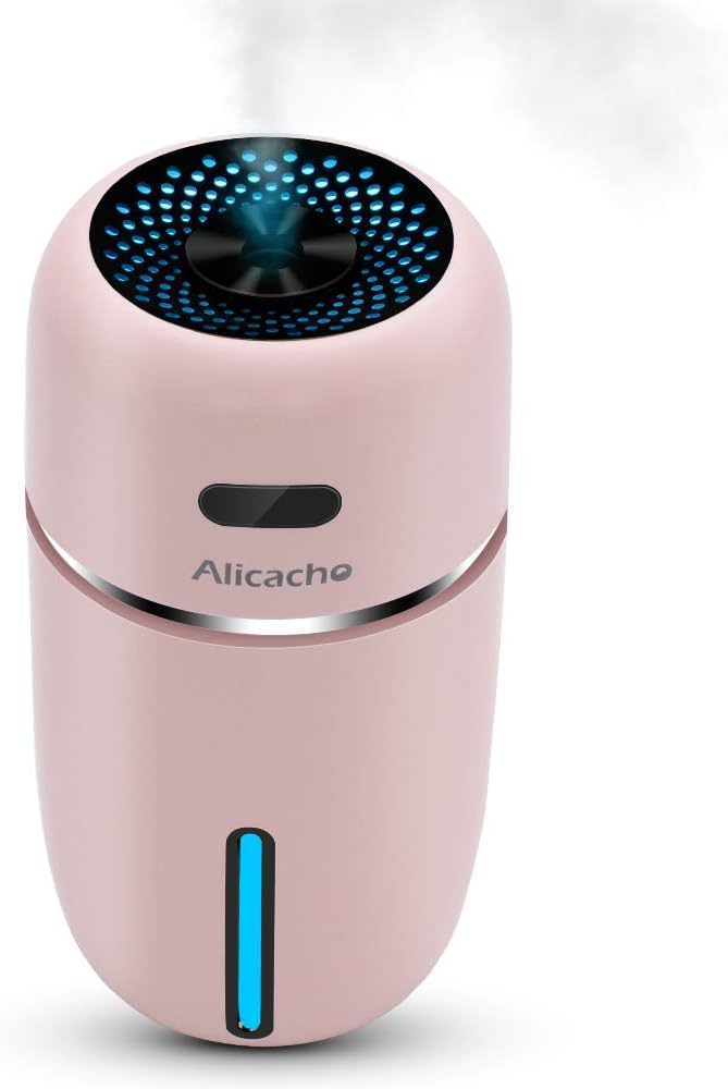Mini USB Car Humidifier, 200ml Ultrasonic Cool Mist Humidifier with 7 Colors Light Changing, Adjustable Mist Mode,Auto Shut-Off, Super Quiet Operation for Bedroom Home Office, Car, Travel (Pink)