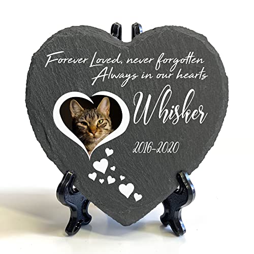 TULLUN Targa commemorativa a forma di cuore + supporto per animali domestici, gatti, cani, in ardesia, con cornice in pietra e zampa, cuori e cuore, dimensioni 10 x 10 cm