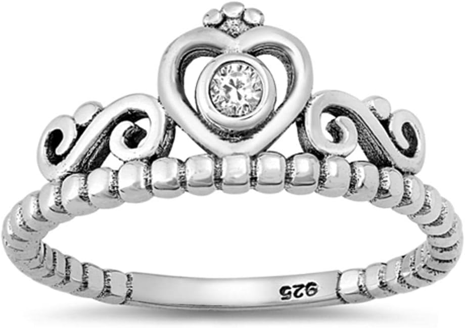 Heart Crown Tiara White CZ Promise Ring New .925 Sterling Silver Band Sizes 5-10