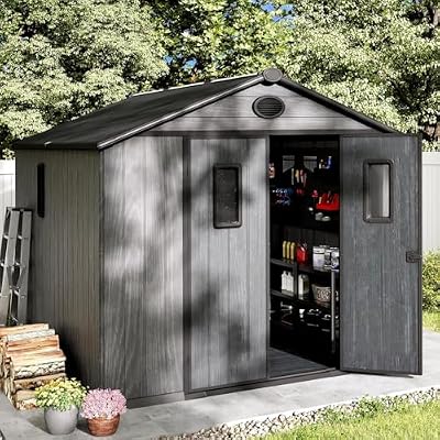 Bezseller 8x10 Resin Storage Shed with Floor Double Doors, Waterproof Outdoor Plastic Shed for Backyard, Garden Tools & Patio Furniture – Easy Assembly, Maintenance-Free Resin Shed, Grey