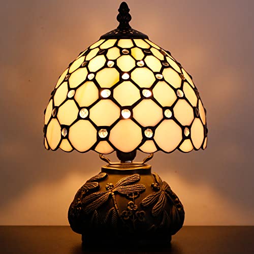 Rhlamps Small Tiffany Lamp W8H11 Inch White Bead Stained Glass Style Table Lamp Bronze Mushroom Resin Base Mini Accent Lamp Decor Bedroom #TOP4