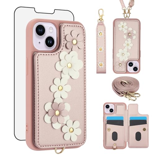 Étui iPhone 14 Plus Asuwish avec porte-cartes et bandoulière rose