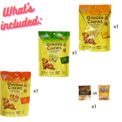 Ginger Chews 3 Variety Pack Candy Bundle, 4Oz - Lemon, Mango, Mandarin Orange Flavors - 100% Natural, Non-Gmo, Vegan And Gluten-Free For Nausea & Bellyache - Include Free 20G Instant Cappuccino Or 17G Instant Latte #TOP4