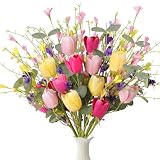 MAINGKAUNG Artificial Spring Flowers 12 Pack Spring Flower Stems 17 Inch Floral Picks with Green Eucalyptus Leaves Pink Tulips Yellow Forsythia for Centerpieces Arrangements Summer Easter Decor