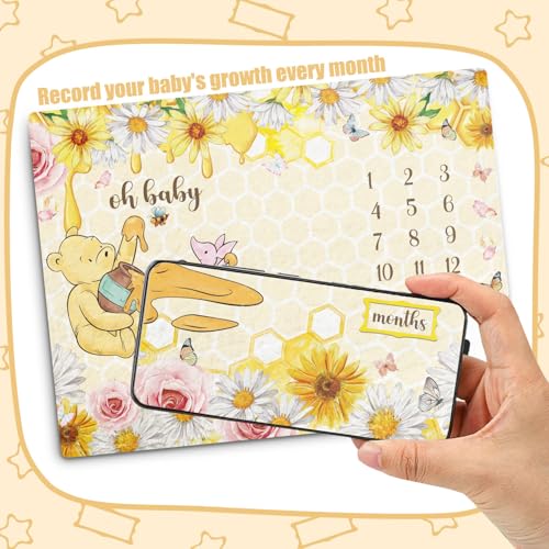Image of Winnie Baby Milestone Blanket, Honey Themed Baby 12 Months Milestone Blanket, Winnie Photo Calendar Monthly Growth Chart, with 8PCS Double-sided Printed Cardstock, Christmas Decoration Photo Gift