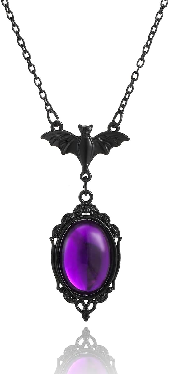 PINK TOWN Gothic Bat Necklace Earring Set Victoria Emboss Cameo Pendant Necklace Vintage Red Black Glass Dangle Drop Earrings Gothic Dark Style Vampire Bat Set Halloween Mystic Witch Costume Jewelry - Image 5