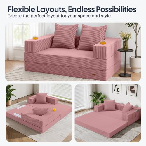 Image of COMAX Boneless Futon Sofa Bed, 59 inch Small Low-Profile Floor Couch, Pink