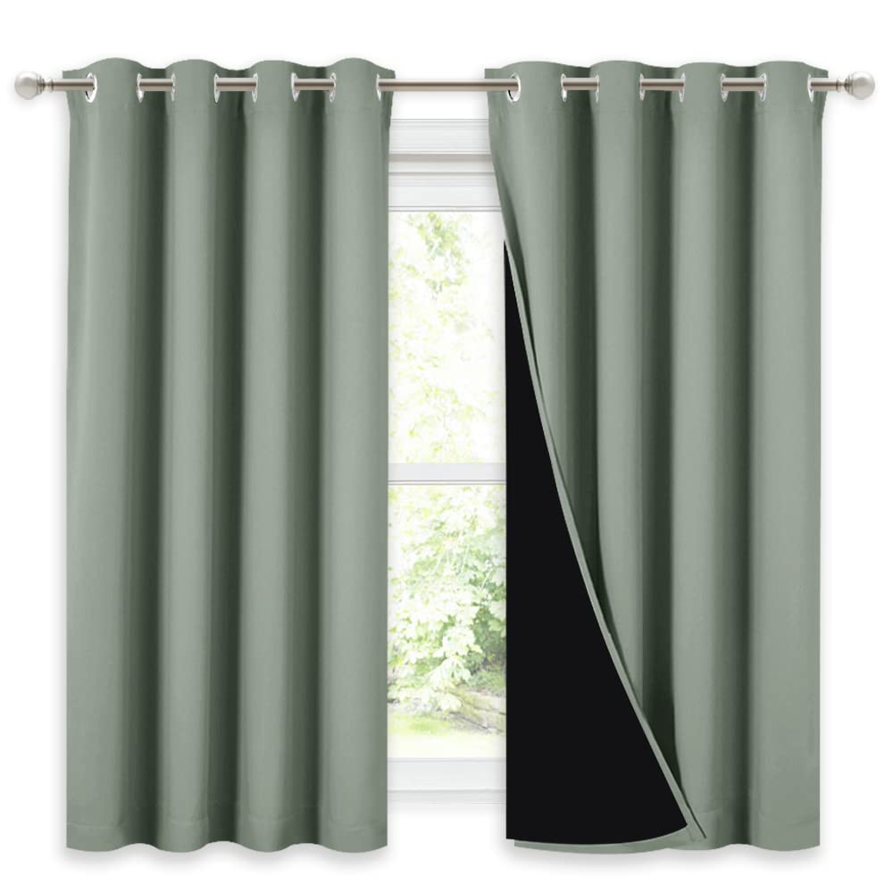 NICETOWN 100% Blackout Curtains 54 inches Long, Double-Deck Completely Blackout Window Treatment Thermal Insulated Lined Drapes for Small Window (Greyish Green, 1 Pair, 52 inches Width Each Panel)