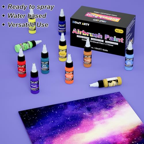 Image of HOMY ARTY Airbrush Paint - 16 Colors with 2 Thinner | Ready to Spray Water-Based, Acrylic Air Brush Paints for Metal, Plastic Models, Canvas, Wood - 18 Bottles