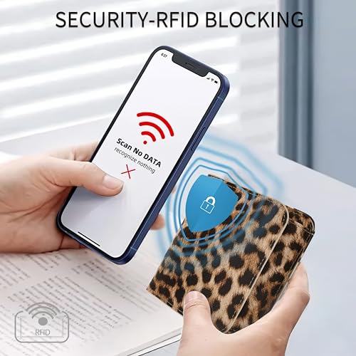 Image of Women Small Wallet RFID Blocking Slim Wallet with Coin Pocket Tri-Fold Credit Card Holder with ID Window and Keychain (Leopard)