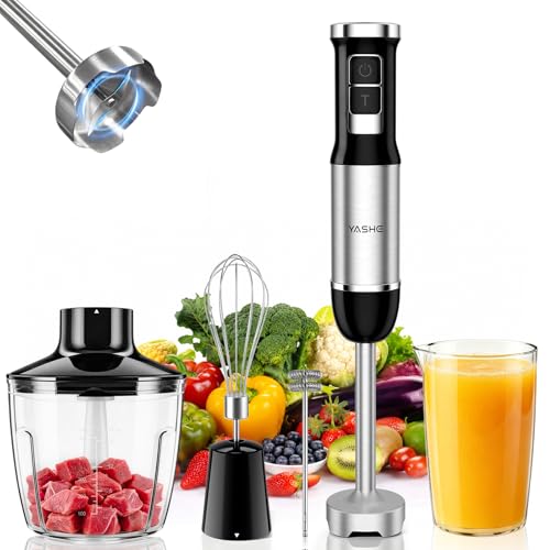 YASHE Batidora de Mano 1000W, Batidora de Inmersión 5 en 1 con 6 Velocidades y Modo Turbo, Picadora 500 ml, Vaso Medidor 600 ml, Batidor, Espumador de Leche y Cuchillas de Acero Inoxidable