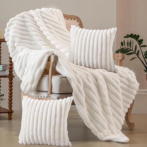 Blanket & Throw Pillow Covers Set - Dual-Sided Faux Fur Fluffy Blanket (50' x 60'), 2 Pcs Cozy...