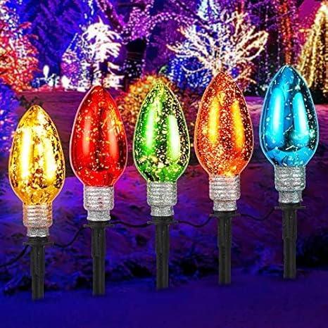 Pathway Lights for Outdoo,C9 Christmas Multicolor Pathway Lights, 8.5Ft Outdoor Christmas Pathway Markers Stakes Lights with 5 Jumbo C9 Multicolor LED Bulbs
