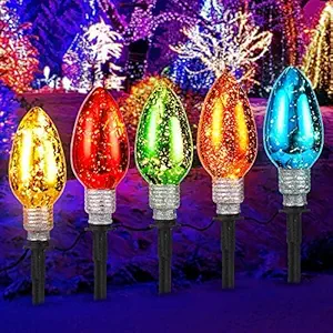 Pathway Lights for Outdoo,C9 Christmas Multicolor Pathway Lights, 8.5Ft Outdoor Christmas Pathway Markers Stakes Lights with 5 Jumbo C9 Multicolor LED Bulbs