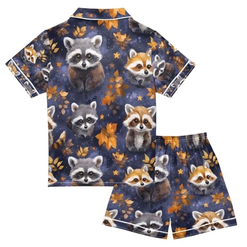 senya Autumn Cute Raccoon Satin Summer Pajama Sets Silk Short Sleeve Button Down Sleepwear2