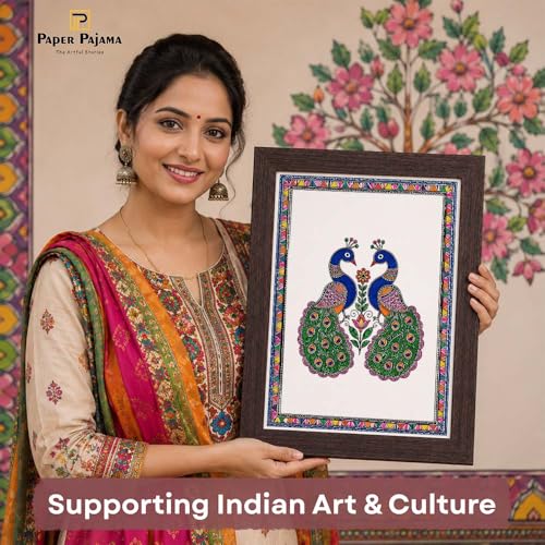 Image of PAPER PAJAMA Peacock Pair Wall Art for Living Room | Madhubani Peacock Painting | Traditional Indian Folk Art Bird Artwork Framed Decor for Home, Bedroom & Office (10x13 Inches)