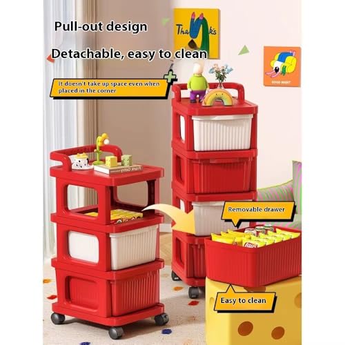 Image of JD FRESH 3 Tier Plastic Storage Drawer Cabinet with Wheels /Plastic Storage Drawer /Multipurpose Chest of Drawer /Storage Box for Living Room, Office and Home /Toys Organizer for Kids Room (Red)