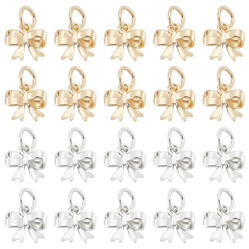 HOBBIESAY 2 Colors 20Pcs Brass Bowknot Charms Gold Silver Bow Pendants Christmas Bowknot Dangle Charms with Jump Ring for DIY Earrings Necklaces Earrings Jewelry Making